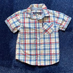 Boys button up plaid Ben Sherman shirt red blue yellow brown shirt sleeve